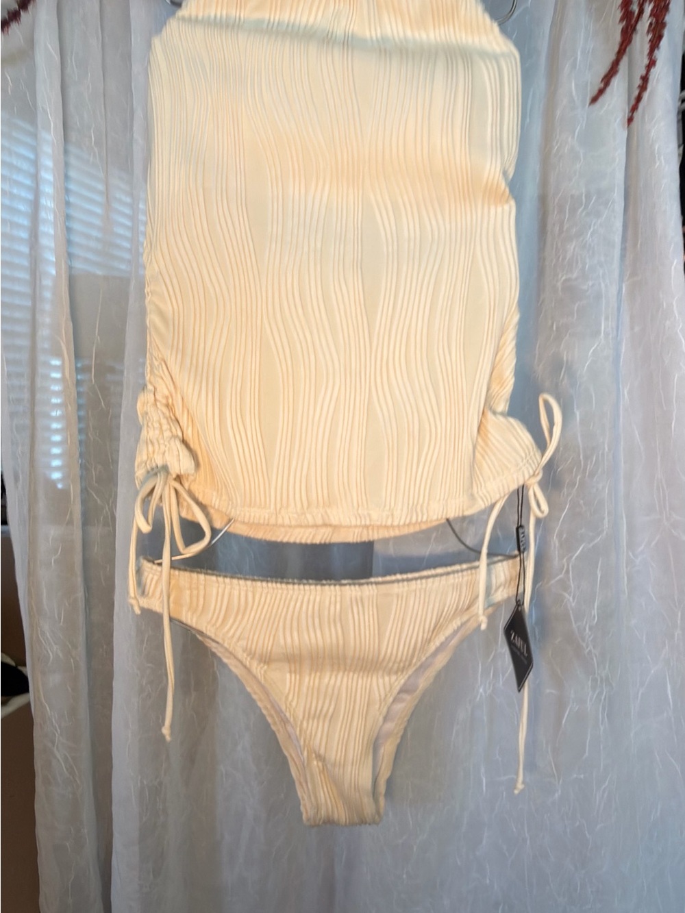 Zaful Cream Ribbed Drawstring Two-Piece Bikini